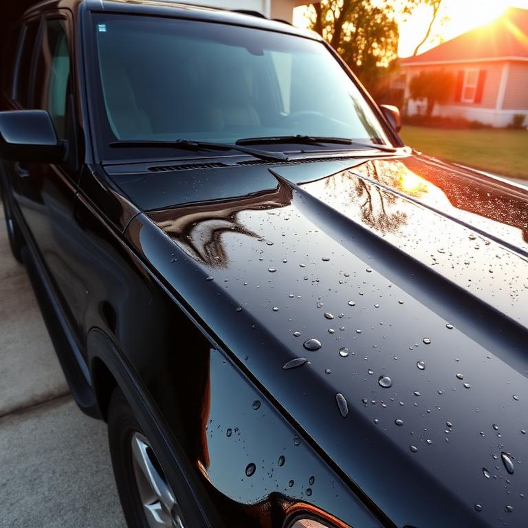 Freshly detailed black SUV with water beading on the paint in a driveway