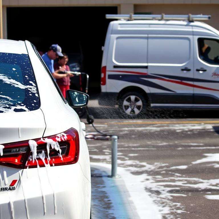 Mobile detailer washing a white sedan next to a service van