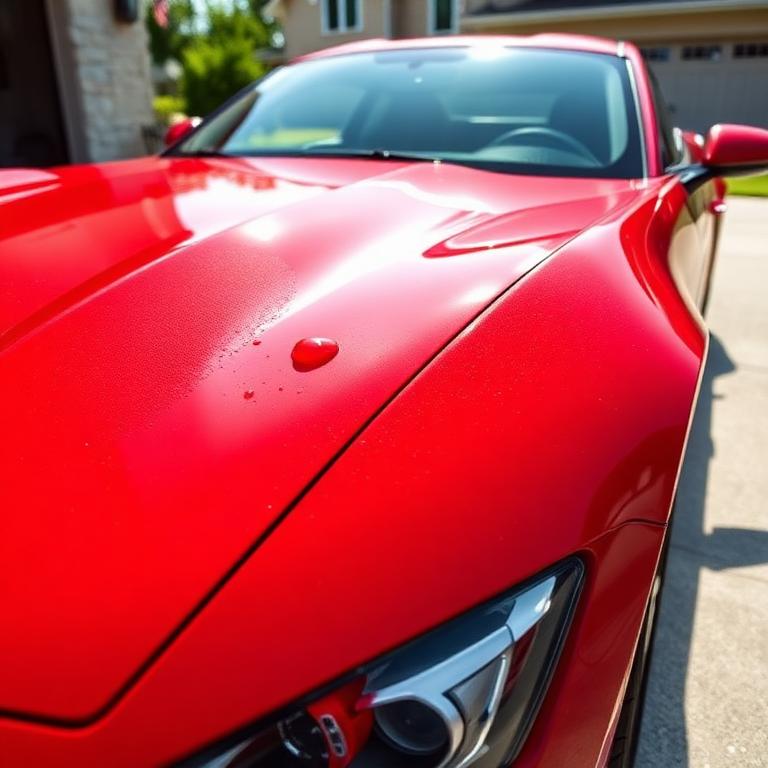 Glossy red sports car hood with water beading after a detail