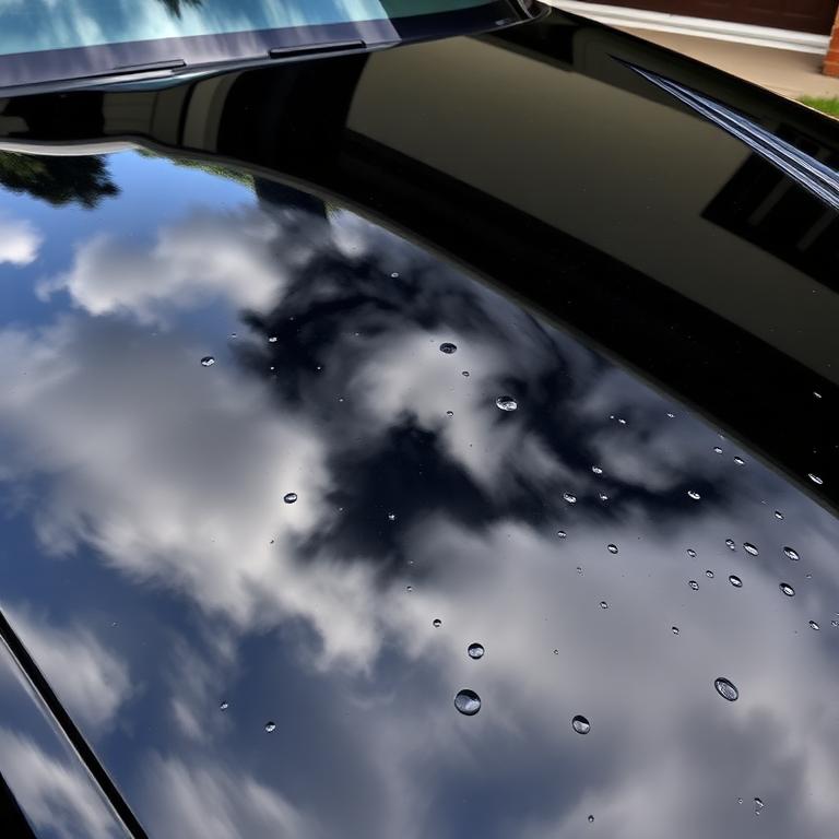 Black sedan hood reflecting clouds with water droplets