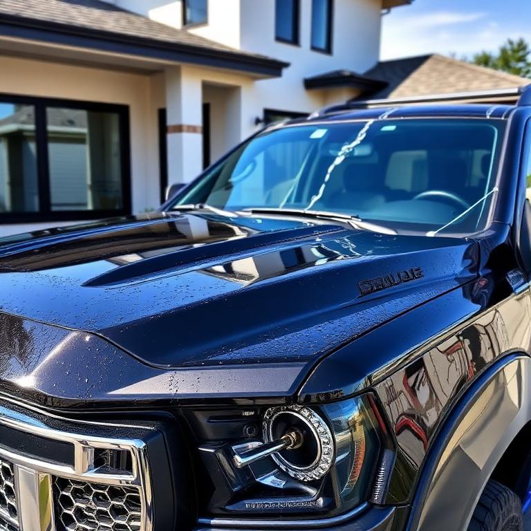 Dark pickup truck with water sheeting off the hood